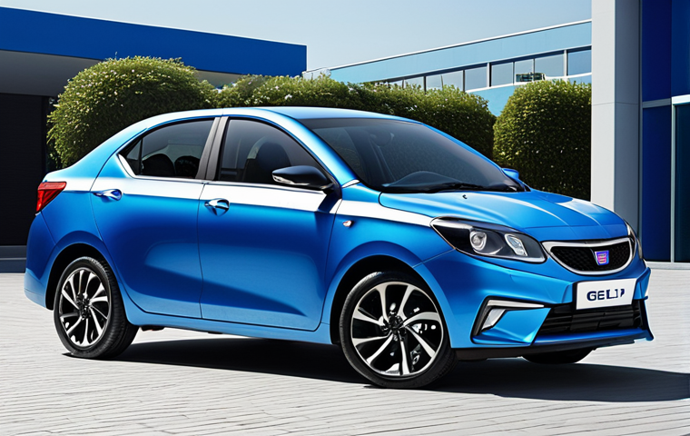 **Exterior Design:** A sleek, blue Geely Collider under bright daylight, showcasing its aerodynamic profile, distinctive front grille, and sharp LED headlights. Capture the sporty curves and modern aesthetic of the car.